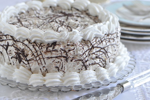 "Fluffy goodness surrounding a chocolate nutty cake"