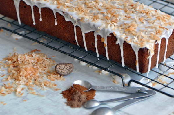"Spice and coconut - a delicious combination in a glazed loaf cake."