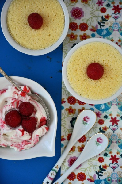 "Light and Airy Lemon Pudding Cakes with Marbled Raspberry Cream"