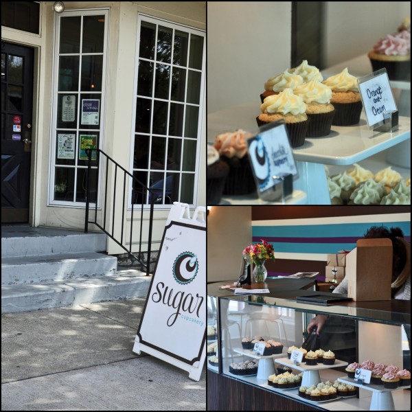 "Photo collage of cupcakes in a bakery case and the bakery from the outside looking in"