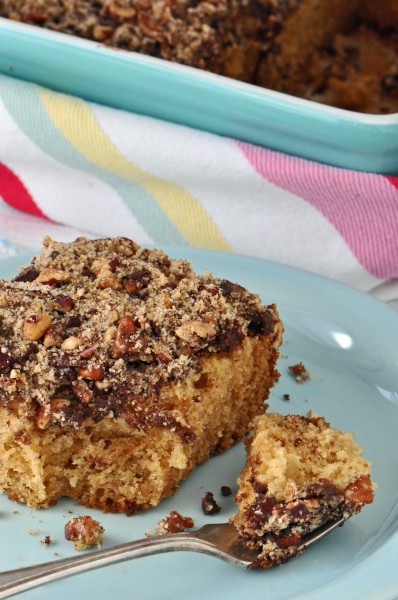 "Begin your morning with this Pecan Chocolate Espresso Coffee Cake"