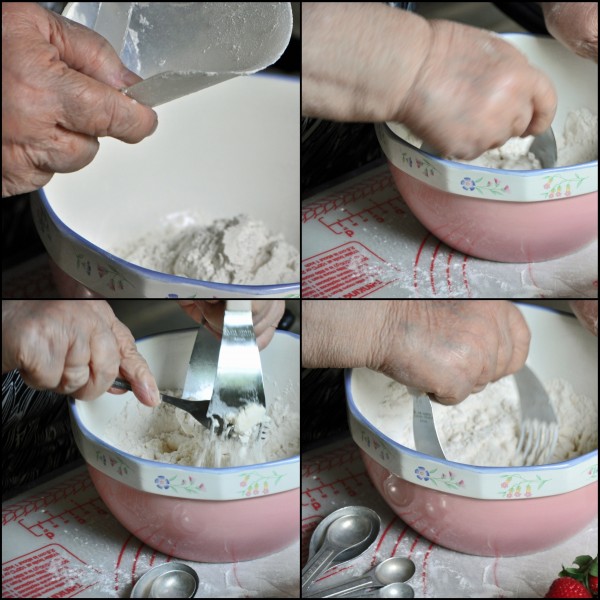 "Collage of 4 pictures of flour in a bowl being mixed into a dough"