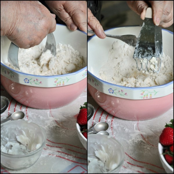 "2 pictures of a pink bowl with flour being mixed into a pie dough"