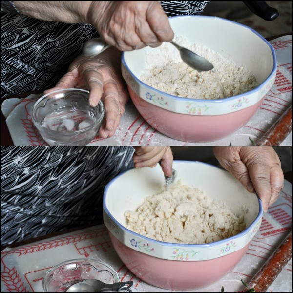 "2 pictures of a pink bowl with flour being mixed into a pie dough"