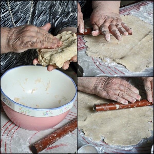 "3 picture collage of pie dough being made and rolled out"