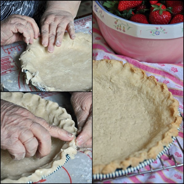 "3 Picture photo collage of pie dough being worked into a pie dish and one of the finished pie crust after being baked"