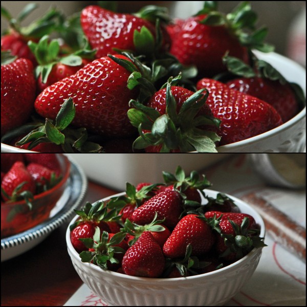 "Two picture collage of white bowl with strawberries"