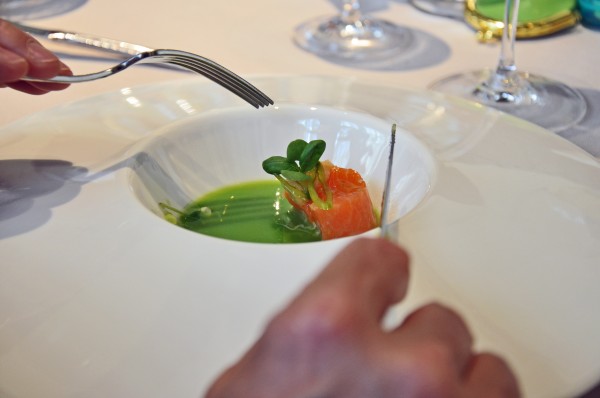 "Chilled Salmon with Ginger and Daikon in a Snap Pea-Basil Broth served at Cyrus Restaurant"