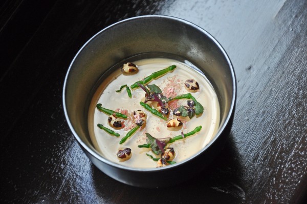 "Humaine Foie Gras and Cherry Blossom Parfait with Barley, Sea Beans and Shiso at Cyrus Restaurant"