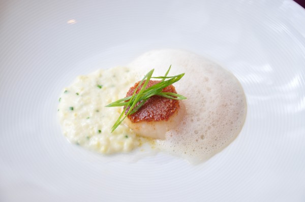 "Chorizo Crusted Scallop with Sweet Corn and Lobster Froth at  Cyrus Restaurant"