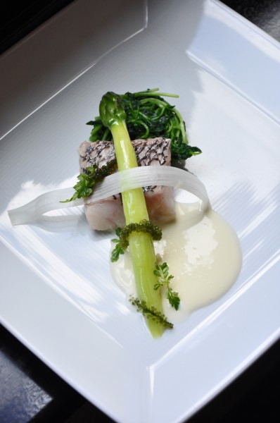"Black Sea Bass with Pea Sprouts, Asparagus and Lemon Verbena at Cyrus Restaurant"
