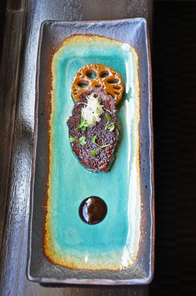 "Seared Beef Cheek with Green and Black Garlic, Lotus Root and Natural Jelly at Cyrus Restaurant"