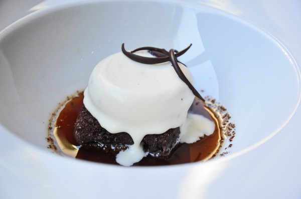 "Cocoa Nib "Affogato" with a Condensed Milk Semifreddo and served in a pool of cocoa infused rum"