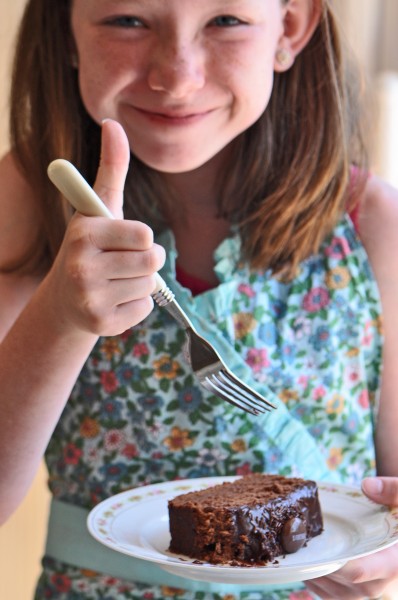 "Chloe gives a thumbs up to the Chocolate Snack Cake she baked"