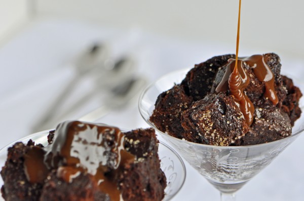 "Dulce de Leche Bourbon Sauce tops servings of Chocolate "Cake" Bread Pudding Recipe"