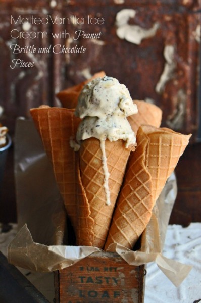 Malted Vanilla Ice Cream with Peanut Brittle and Chocolate Pieces Recipe