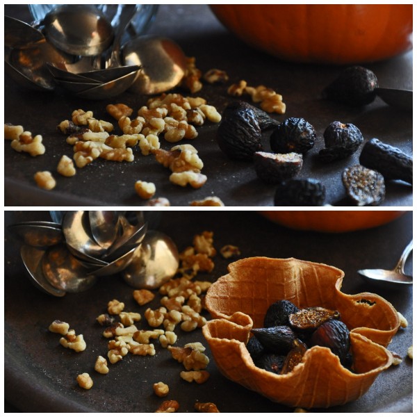 Pumpkin Ice Cream with a Fig Walnut Cognac Swirl in a Gingerbread Waffle Bowl Recipe