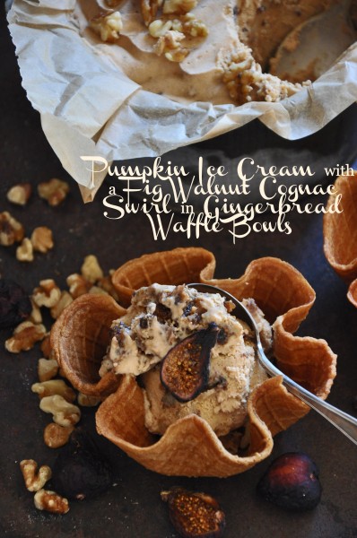 Pumpkin Ice Cream with a Fig Walnut Cognac Swirl in a Gingerbread Waffle Bowl Recipe