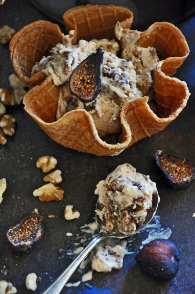 Pumpkin Ice Cream with a Fig Walnut Cognac Swirl in a Gingerbread Waffle Bowl Recipe